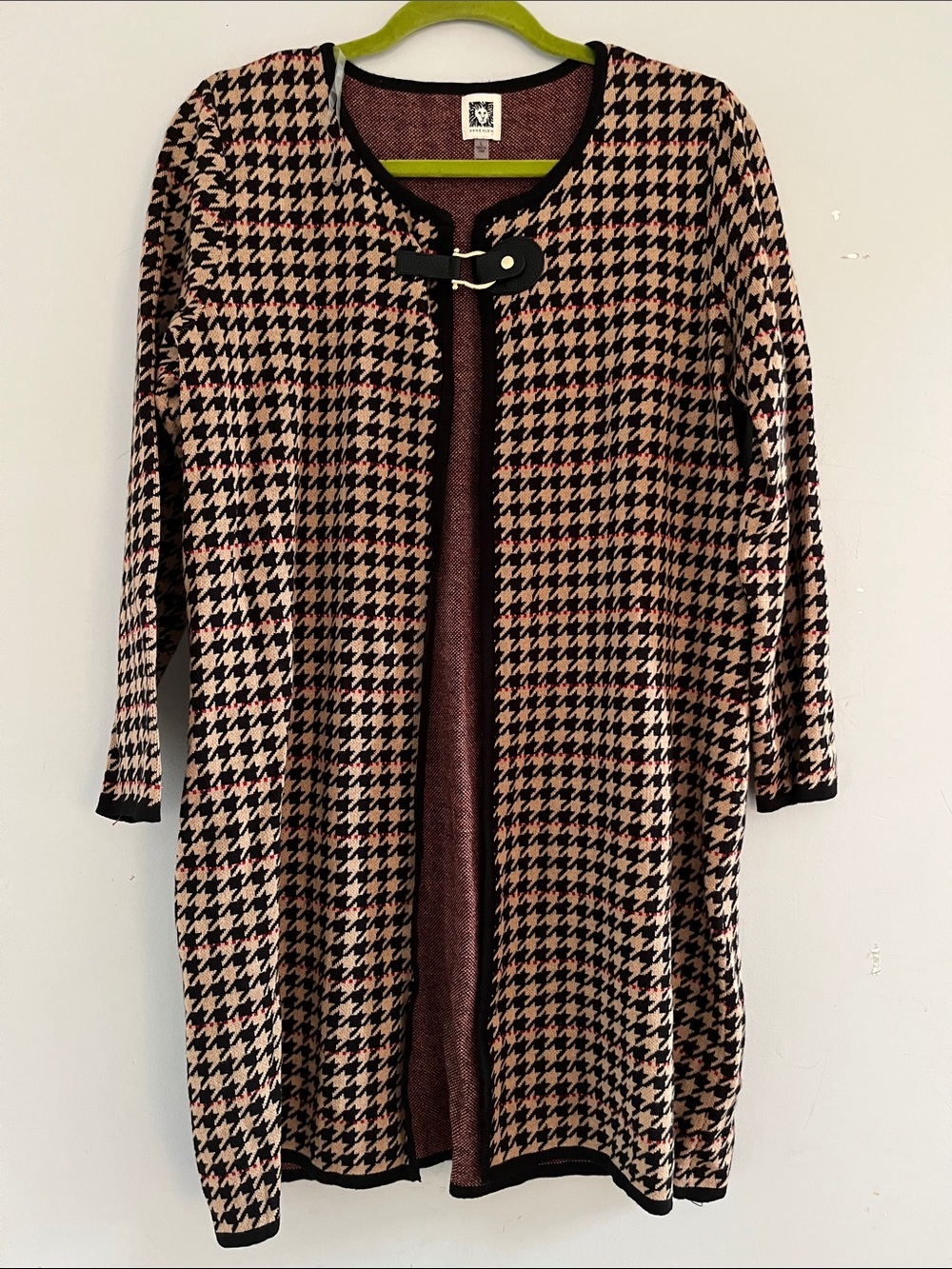 Anne Klein Black and Beige Houndstooth Coatigan with Red Accent